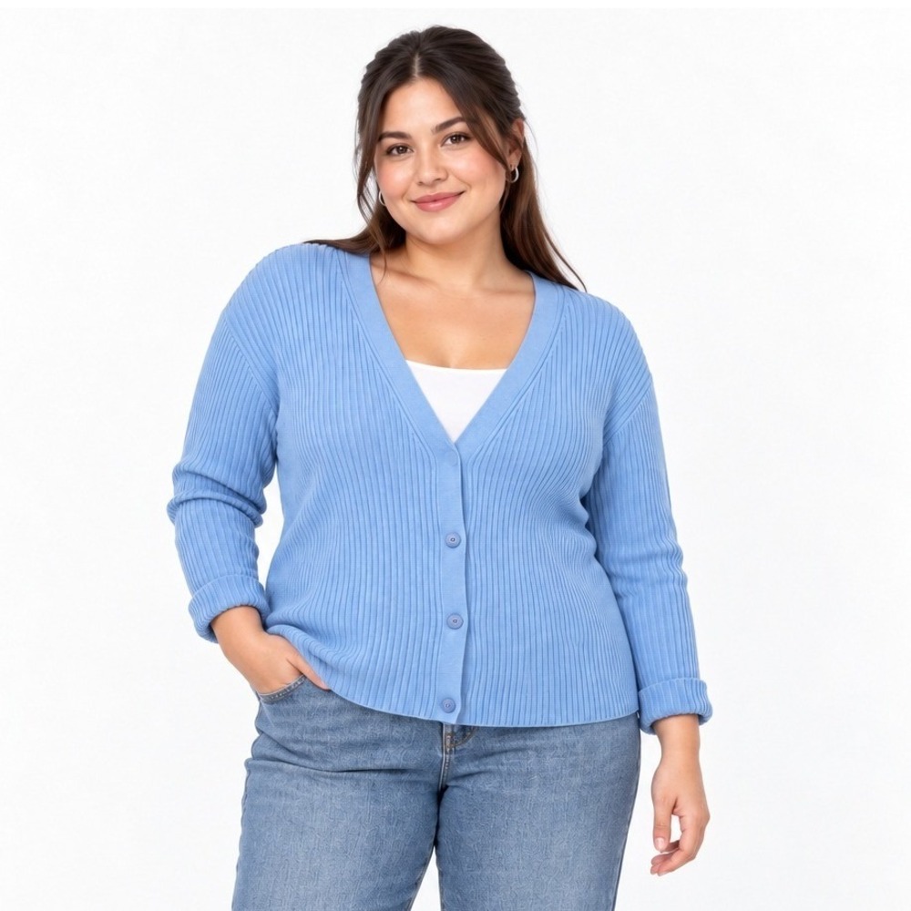 H&M Ribbed V-Neck Button Front Cardigan XXL Blue Coastal Grandma Minimalist